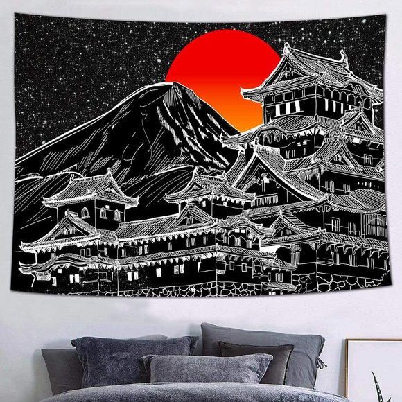 Japanese Fuji Mountain Art Chinese Dojo BlackWhite Sunset Graphic Print Tapestry - Picture 1 of 6